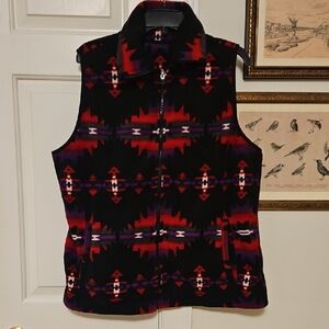 2 For $40 Southwestern Pattern Zip Front Fleece Vest - Black & Red L/XL